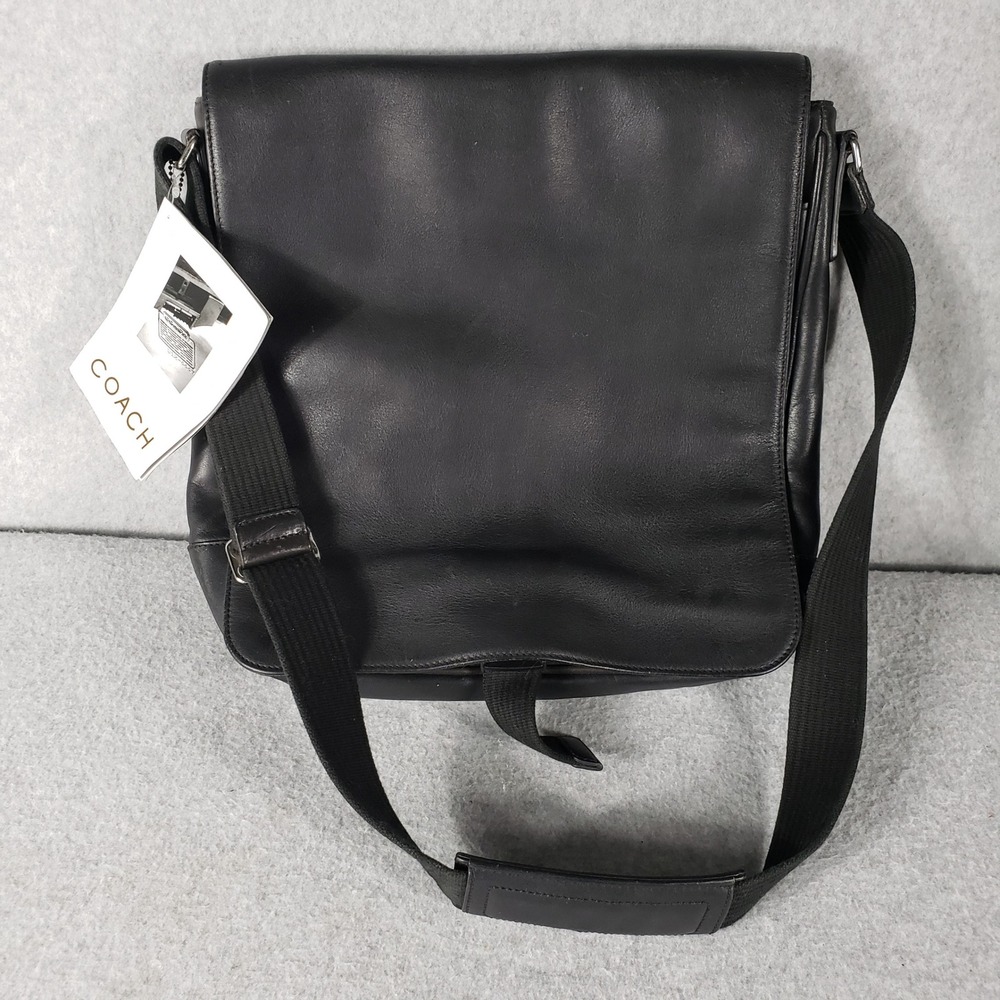NWT Coach Black Leather Messenger Crossbody Bag Adjustable Strap Buckle Unisex - Picture 5 of 16